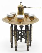 MIDDLE EASTERN BONE INLAID HARDWOOD & BRASS TABLE TOP FOLDING TABLE