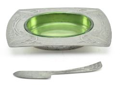 ARCHIBALD KNOX FOR LIBERTY & CO - TUDRIC PEWTER BUTTER DISH WITH KNIFE