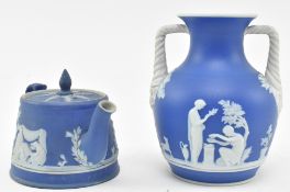 WEDGWOOD - TWO EARLY 20TH CENTURY JASPERWARE DARK BLUE MINIATURE PIECES