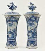 PAIR OF 18TH CENTURY DUTCH DELFT BLUE & WHITE TRUMPET VASES WITH COVERS