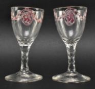 RARE PAIR OF C1790 JACOBITE WINE GLASSES ENAMELLED WITH PORTRAIT