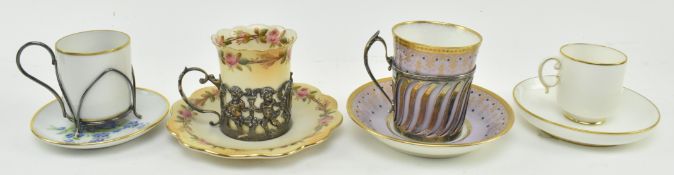 FOUR ENGLISH & CONTINENTAL PORCELAIN CUPS & SAUCERS WITH SILVER MOUNTS