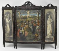 EARLY 20TH CENTURY CARVED WOOD & GLAZED FRONT TRIPTYCH FLOOR PANEL SCREEN