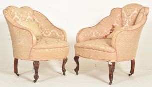 NEAR MATCHED PAIR OF QUEEN ANNE REVIVAL UPHOLSTERED ARMCHAIRS