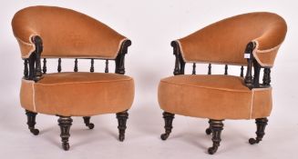 PAIR OF LATE VICTORIAN AESTHETIC MOVEMENT SPINDLE BACK TUB CHAIRS