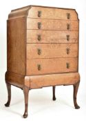 QUEEN ANNE REVIVAL FIGURED WALNUT VENEERED CHEST OF DRAWERS ON STAND