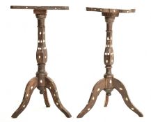 TWO SYRIAN MOTHER OF PEARL INLAID & EBONISED WOOD TRIPOD PEDESTAL TABLES