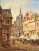 LATE 19TH CENTURY CONTINENTAL OIL ON BOARD TOWN MARKET SCENE PAINTING