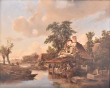 ENGLISH SCHOOL - 19TH CENTURY OIL ON BOARD GENRE PAINTING OF RIVERSIDE SCENE