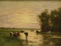 WILLIAM FREDERICK HULK - CATTLE WATERING OIL ON CANVAS PAINTING