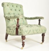 19TH CENTURY MANNER OF HOWARD AND SONS MAHOGANY & DAMASK UPHOLSTERED ARMCHAIR