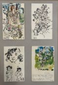 PHILIP SUTTON (B. 1928) - FOUR HAND-PAINTED FRAMED POSTCARDS