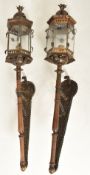 PAIR OF CONTINENTAL EMBOSSED METAL & WOODEN WALL LANTERN LIGHTS