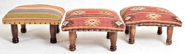 SET OF THREE COUNTRY HOUSE INDIAN ZANSKAR KILIM RUG STOOLS