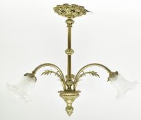 ART NOUVEAU BRASS & GLASS THREE-ARM ELECTROLIER CEILING LIGHT