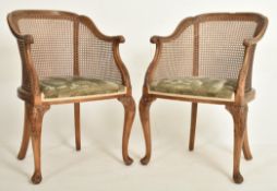 PAIR OF QUEEN ANNE REVIVAL 1930S WALNUT & CANE LIBRARY CHAIRS