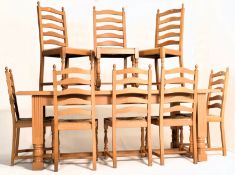 18TH CENTURY REVIVAL - LARGE LIGHT OAK REFECTORY DINING TABLE & EIGHT CHAIRS