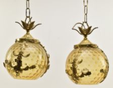PAIR OF ITALIAN INSPIRED GILDED BRASS & GLASS GLOBE CEILING PENDANT LIGHTS