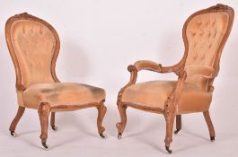 VICTORIAN 19TH CENTURY WALNUT FRAMED BUTTON BACK HIS & HERS CHAIRS