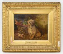 ATTRIB. ARTHUR BATT (1846-1911) - TERRIER WITH BASKET - OIL ON BOARD PAINTING