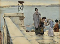 AFTER SIR LAWRENCE ALMA-TADEMA - A KISS - HAND COLOURED LITHOGRAPH ON PAPER