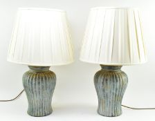PAIR OF CONTEMPORARY CERAMIC RIBBED BALUSTER VASE TABLE LAMPS
