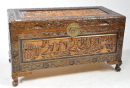 MID CENTURY CHINESE HARDWOOD CARVED BLANKET BOX CHEST