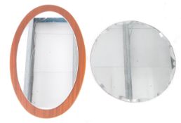 TWO MID CENTURY WALL HANGING MIRRORS - TEAK ATOMIC STYLE & BEVELLED FRAMELESS