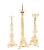 THREE VICTORIAN 19TH CENTURY BRASS CHURCH CANDLESTICKS