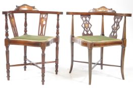 TWO EARLY 20TH CENTURY EDWARDIAN MAHOGANY INLAID CORNER CHAIRS