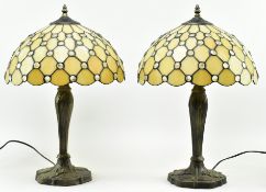PAIR OF TIFFANY STYLE GLASS & METAL BEDSIDE TABLE LAMPS