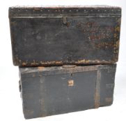 TWO VICTORIAN 19TH CENTURY RAILWAY TRAVELLING TRUNKS
