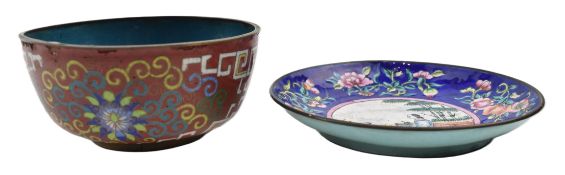 REPUBLIC PERIOD CLOISONNE BOWL AND AN ENAMELED DISH 民国掐丝珐琅彩碗和珐琅彩盘子