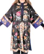 QING REPUBLIC LADIES EMBROIDERED SILK ROBE COAT 清 黑色缎地牡丹对襟女褂
