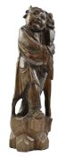 LATE QING HAND CARVED WOODEN SILVER INLAID FIGURINE 清 木刻人物立像