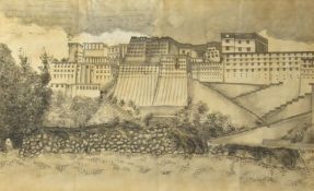 19TH CENTURY PEN AND INK DRAWING OF POTALA AT LHASA 十九世纪布达拉笔和墨画