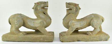 LARGE PAIR OF GREY STONE FIGURES OF PIXIU 彩绘青石貔貅一对