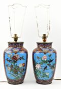 PAIR OF 20TH CENTURY JAPANESE CLOISONNE VASE LAMP BASES 二十世纪日本珐琅灯座一对