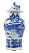 QING DYNASTY SMALL BLUE AND WHITE TEMPLE LIDDED JAR 清 青花‘章江门’将军盖罐