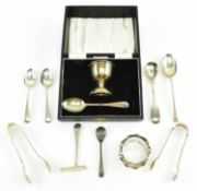 CASED SILVER HALLMARKED EGG CUP & SPOON SET & HALLMARKED SPOONS