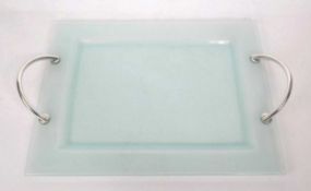 LARGE 20TH CENTURY SILVER HANDLED GLASS SERVING TRAY