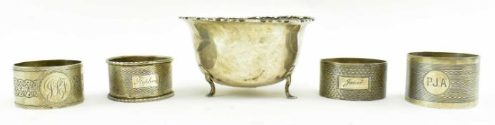 COLLECTION OF SILVER ITEMS - A DISH AND FOUR NAPKIN RINGS