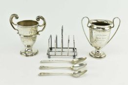 A COLLECTION OF HALLMARKED SILVER TROPHIES, TOAST RACK AND TEASPOONS