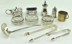 COLLECTION OF TEN CONDIMENT JARS / POTS AND TONGS