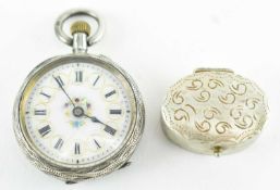VICTORIAN SWISS LADIES SILVER POCKET WATCH & A PILL BOX