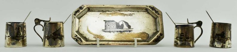 20TH CENTURY IRAQI NIELLO AND SILVER 5-PCS CRUET SET