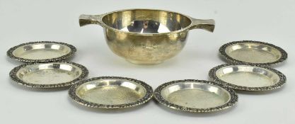 GEORGE V HALLMARKED SILVER TWIN HANDLED BOWL AND FIVE SMALL DISHES