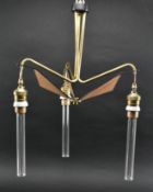 ITALIAN HOLLYWOOD REGENCY BRASS & TEAK THREE-ARM CEILING PENDANT LIGHT