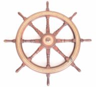 LARGE 20TH CENTURY TEAK AND BRASS SHIPS WHEEL / HELM