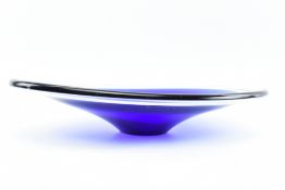 MID CENTURY MURANO STYLE BLUE AND CLEAR GLASS BOWL OF OVAL FORM